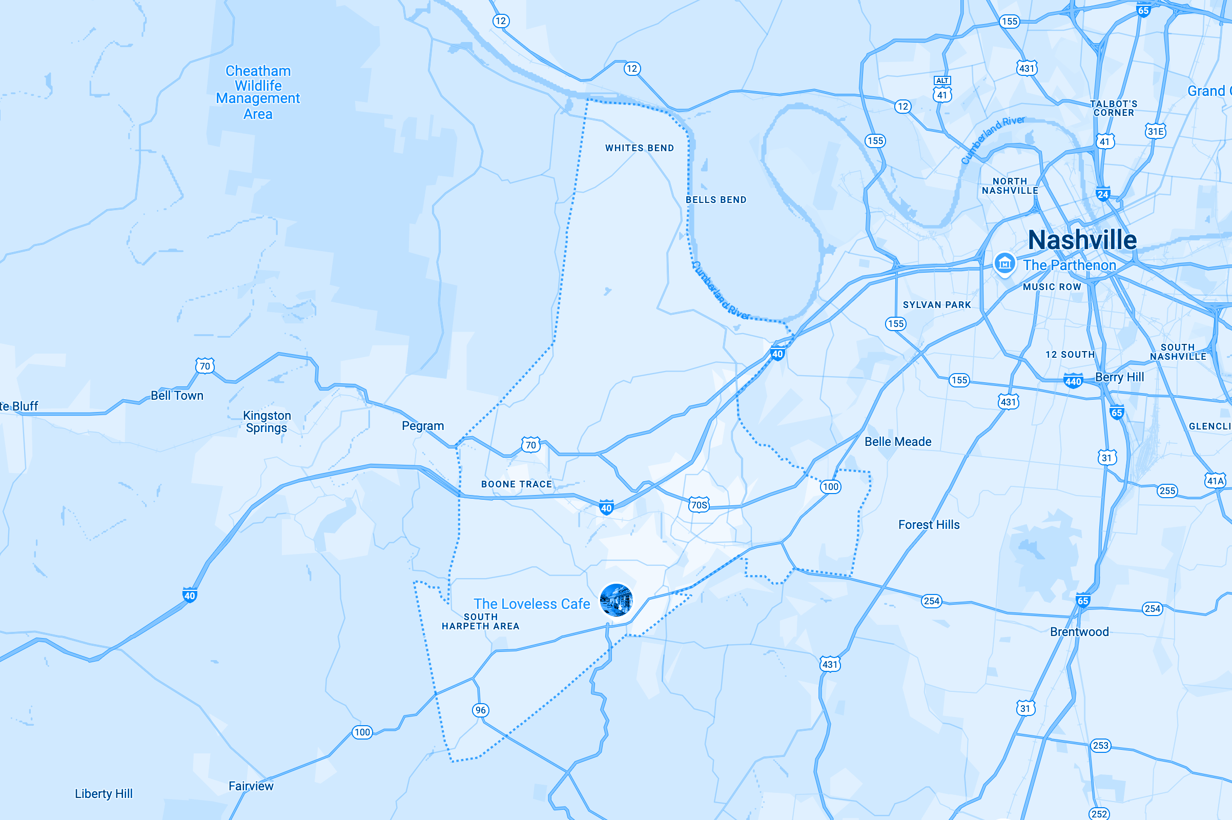 Map of Blue Jay Garage Doors Service Area in Bellevue, Nashville, TN