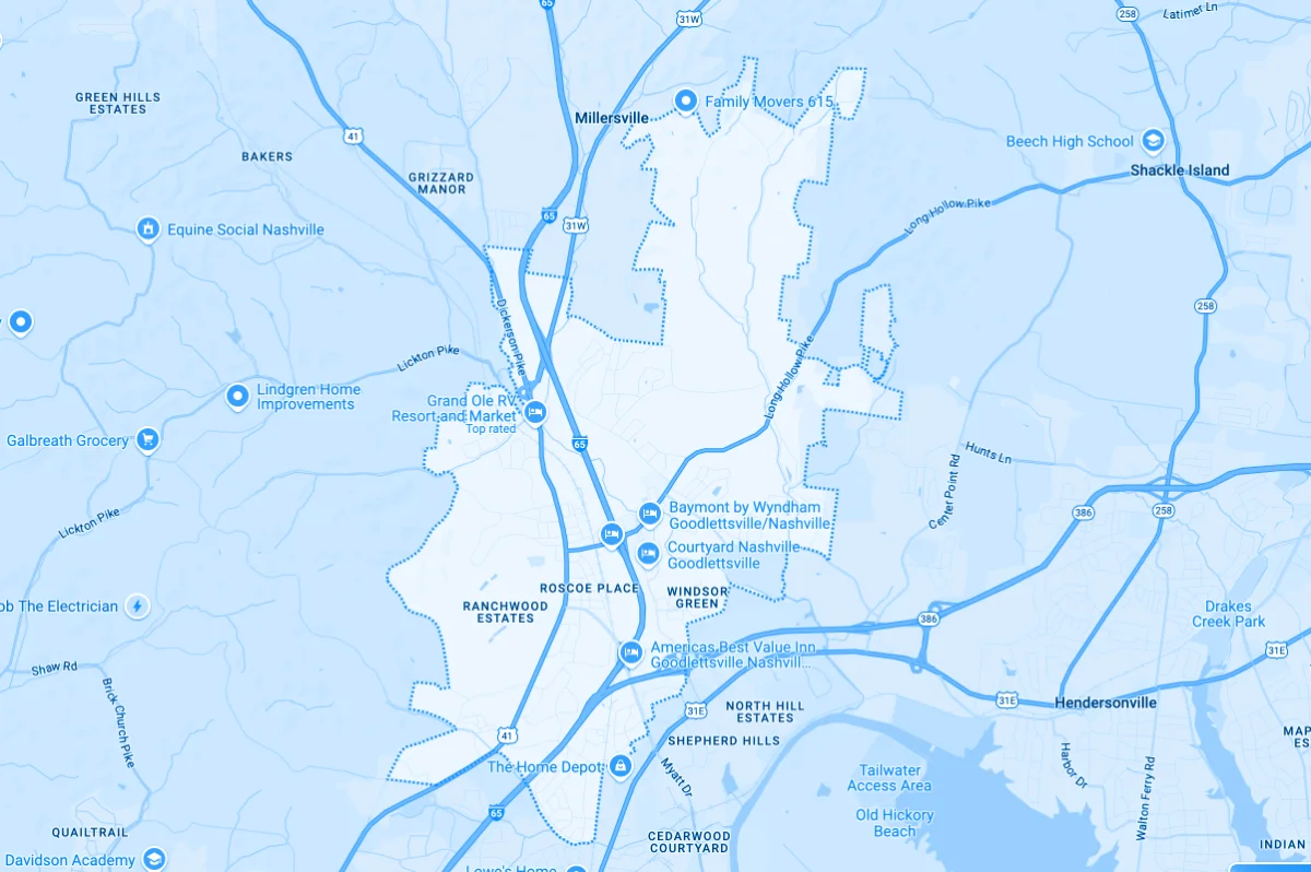 Map of Blue Jay Garage Doors Service Area in Goodlettsville, Nashville, TN