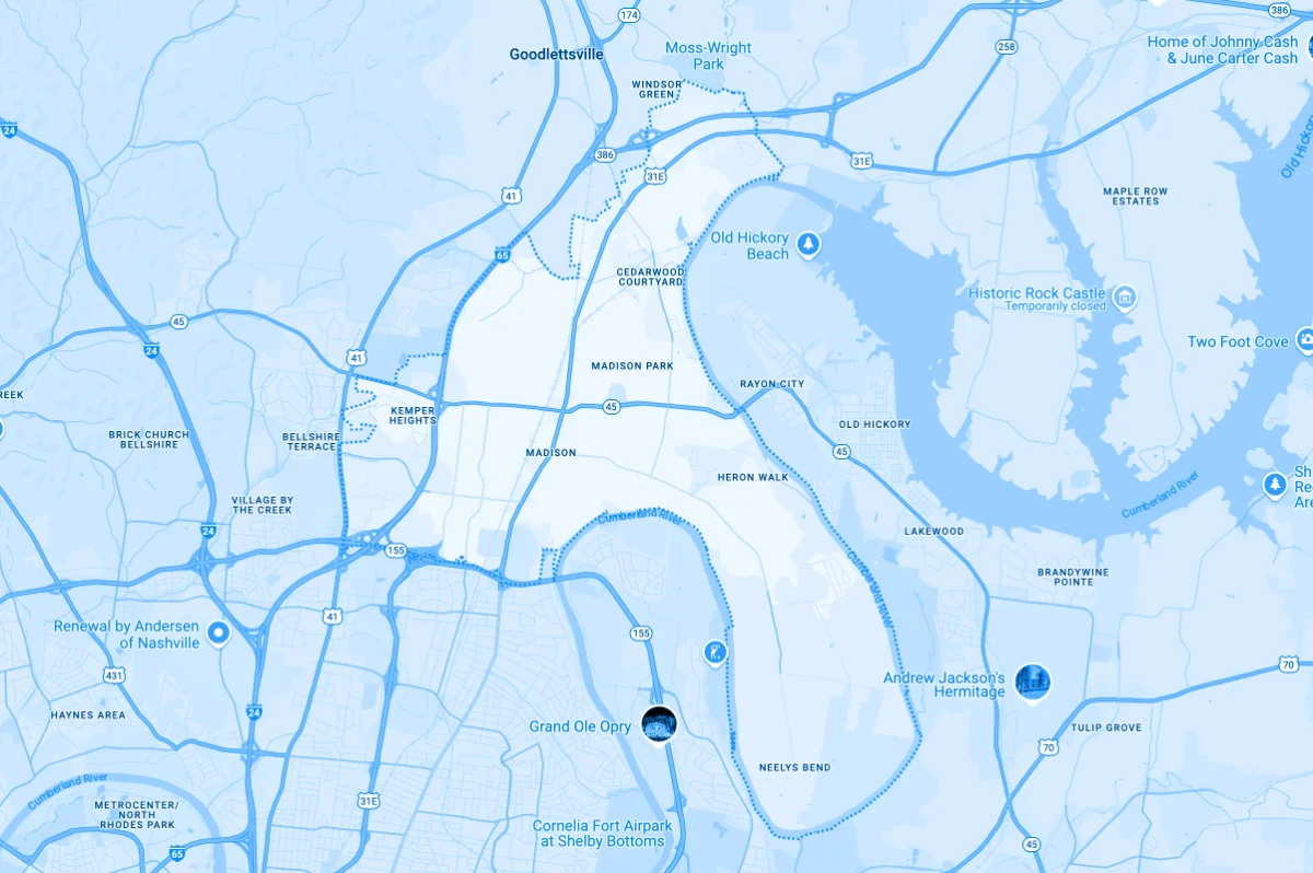 Map of Blue Jay Garage Doors Service Area in Madison, TN