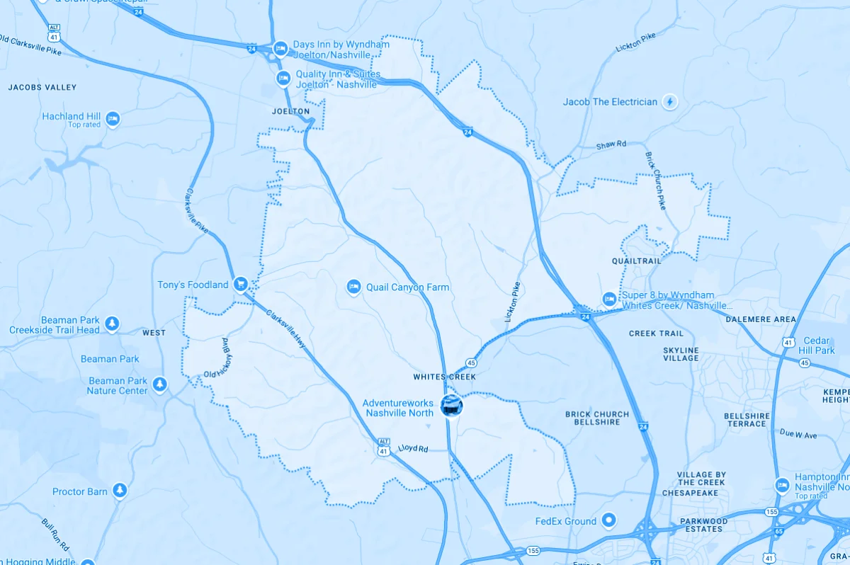 Map of Blue Jay Garage Doors Service Area in Whites Creek, TN